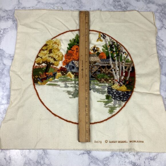 Vintage Mabry Mill Fall Autumn Needlepoint Tapestry Fabric Panel 19" x 20" - Picture 5 of 7